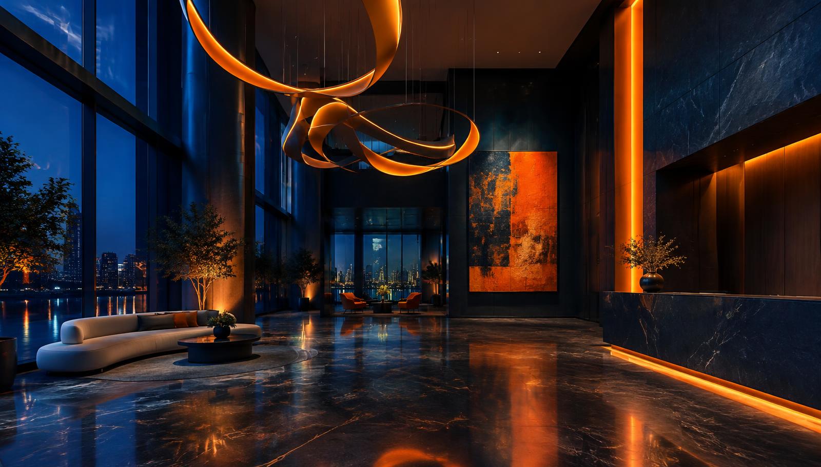 Hotel lobby with sculptural chandelier